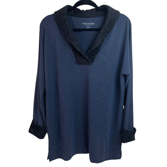Soft Surroundings Pullover Blue Shawl Collar Lagenlook Size S Oversized Pockets - Picture 1 of 9